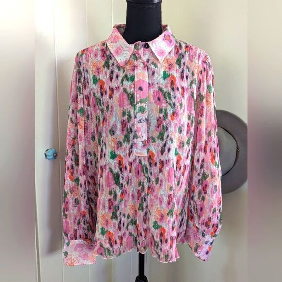 Ganni Floral Pleated Georgette Top 40 8/10 Gardencore Whimsical Barbiecore Boho - Picture 3 of 15